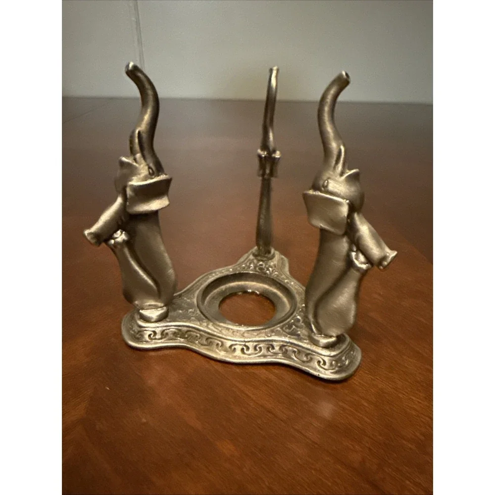 Three Standing Elephants  Silver Metal Round Votive Candle Holder Decor Vtg Styl